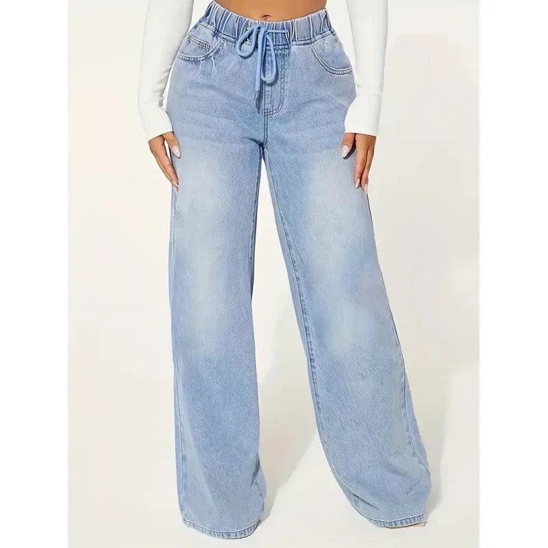 Jeans blu donna a vita alta con taglio largo, ideali per un abbigliamento casual e uno stile baggy confortevole.