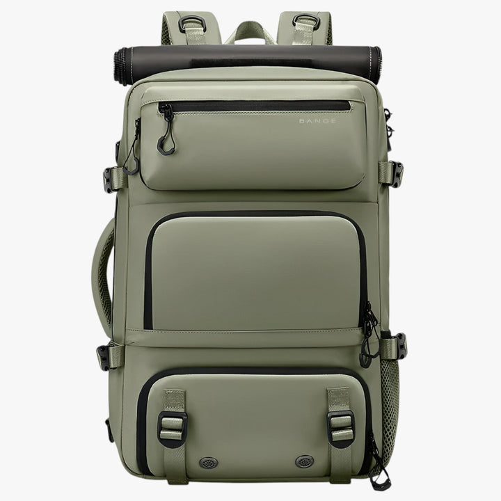Zaino da viaggio uomo blu, vista frontale. Design multitasche con spallacci regolabili, accessorio per outdoor.