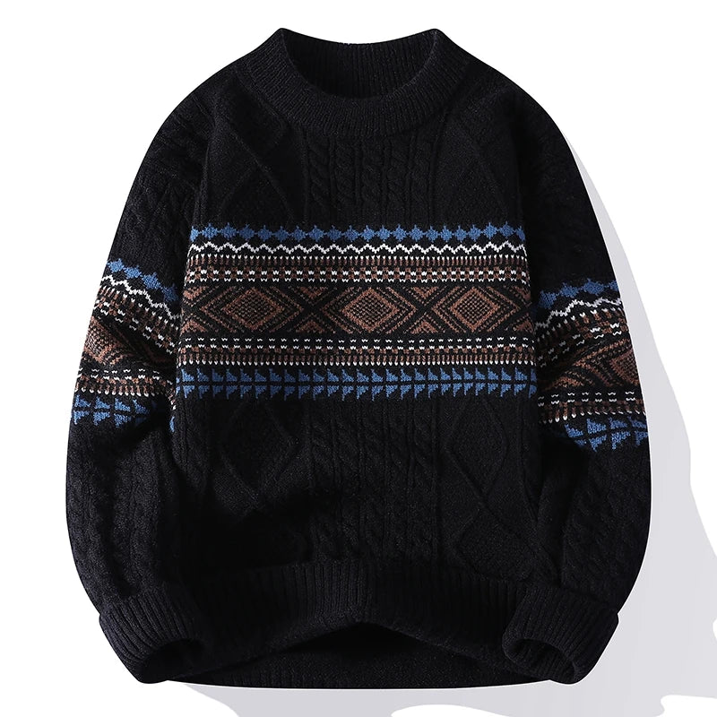 Moda uomo: maglione invernale a girocollo con pattern geometrico. Morbido e caldo, per stile casual e comfort.