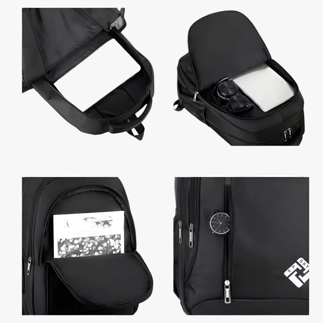 Ampio scomparto imbottito per laptop 15.6" e porta USB nello zaino uomo multifunzione, perfetto per pendolari.