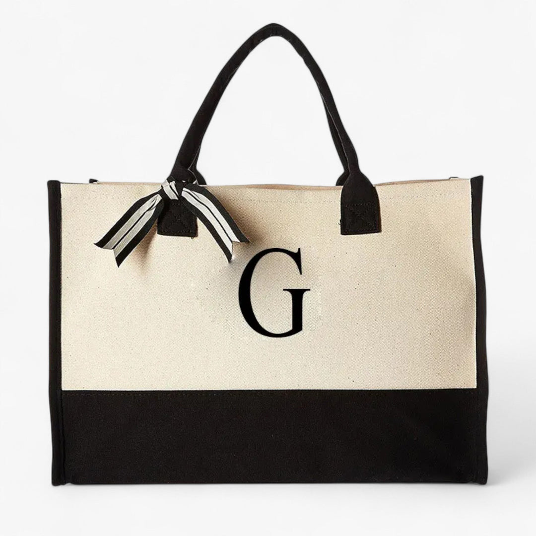 Borsa tote grande, beige e nera, personalizzabile con la tua iniziale. Perfetta per ogni donna.