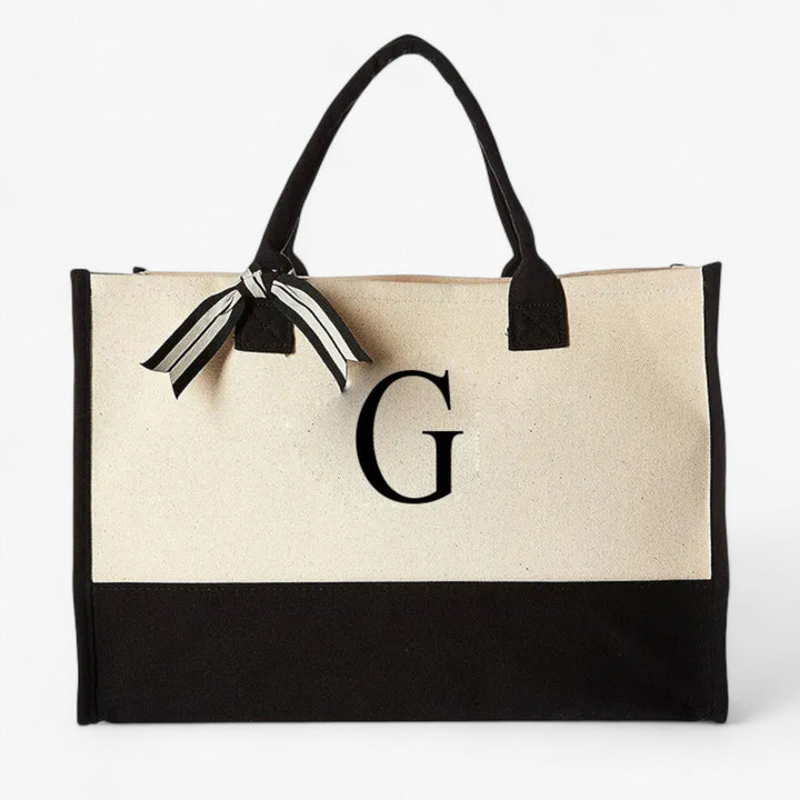 Borsa tote grande, beige e nera, personalizzabile con la tua iniziale. Perfetta per ogni donna.