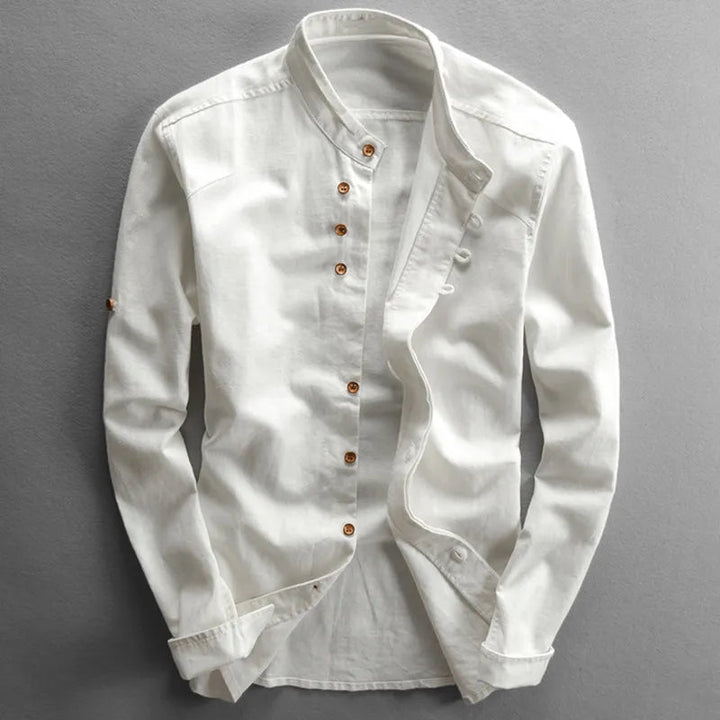 Camicia uomo primavera-estate, fresca e con vestibilità rilassata, maniche lunghe e colletto alla coreana.