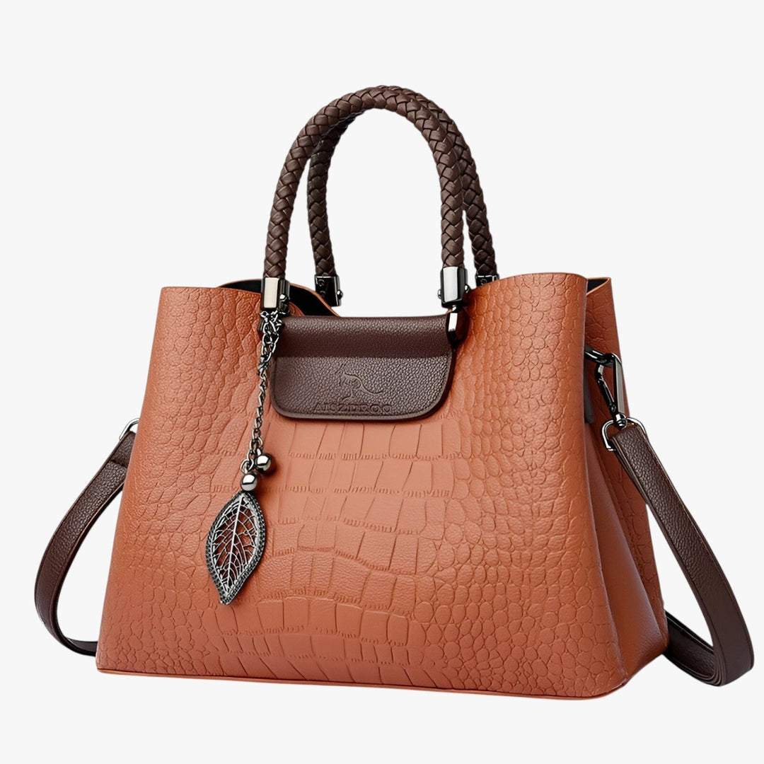 Borsa tote donna marrone effetto coccodrillo, con finiture eleganti e design moderno.