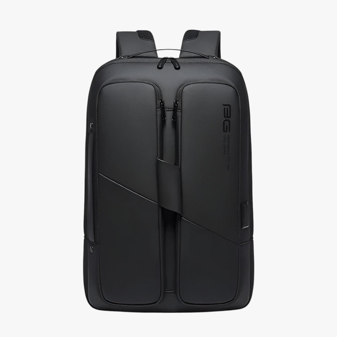 Zaino porta laptop da uomo nero elegante con USB integrata, perfetto per lavoro e viaggio in città.