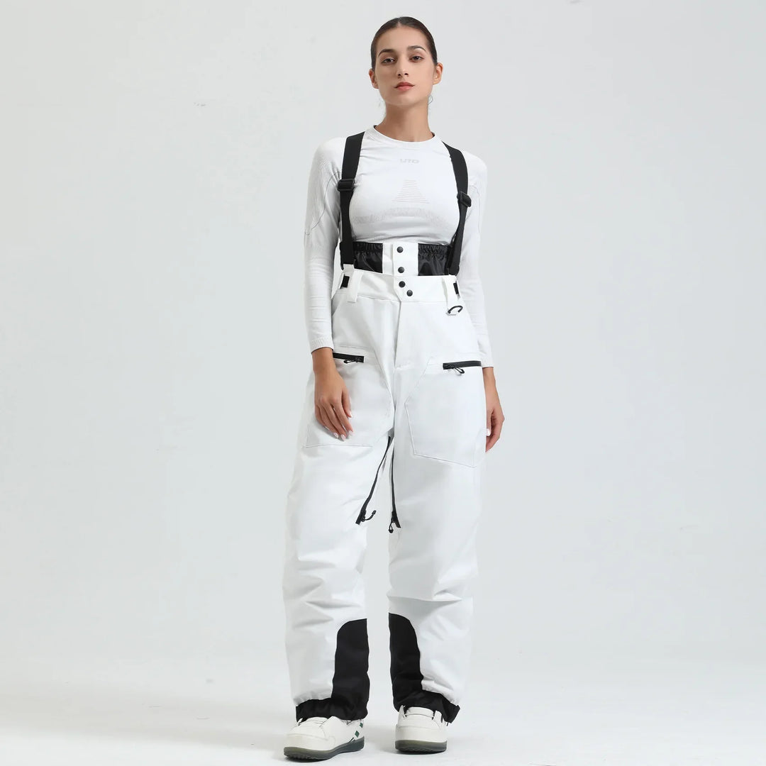 Pantaloni invernali unisex neri, impermeabili e antivento, con bretelle per sci e snowboard.