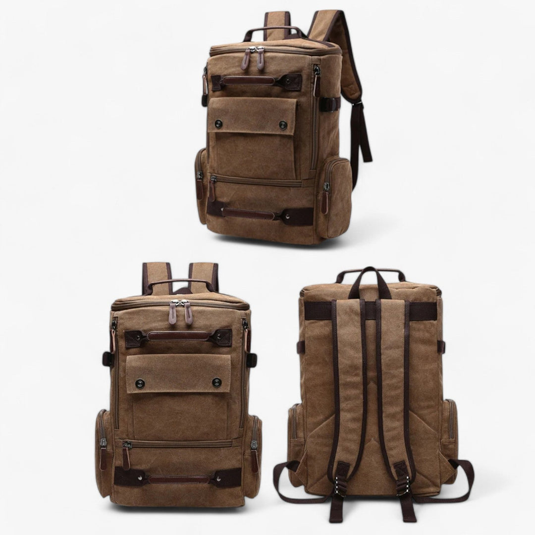 Zaino ergonomico uomo blu con molte tasche, perfetto per organizzare laptop e accessori.