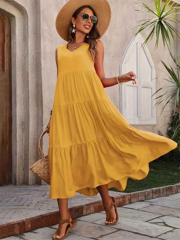 Moda estiva: abito lungo donna casual con balze, scollo a V, senza maniche, per ogni occasione.