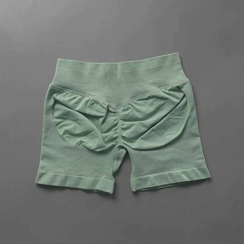Short seamless donna verde militare, vita alta, per yoga, fitness e tempo libero.