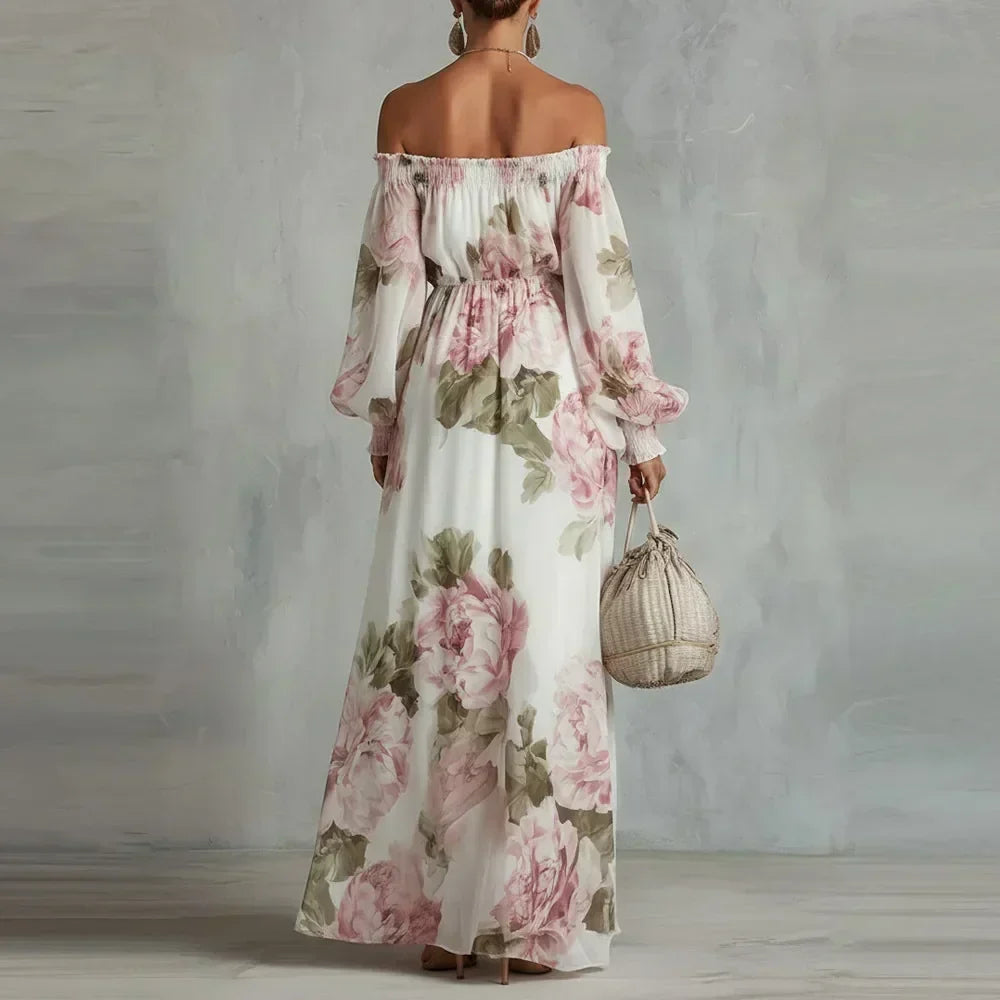 Vestito lungo floreale donna con scollo bardot, ideale per eventi estivi o un look moda estiva chic.