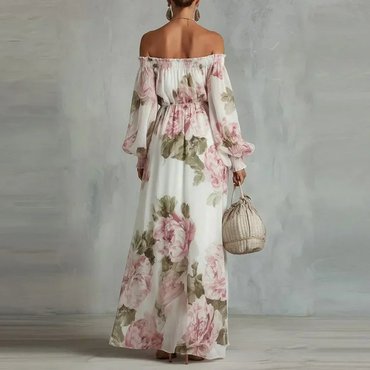 Vestito lungo floreale donna con scollo bardot, ideale per eventi estivi o un look moda estiva chic.