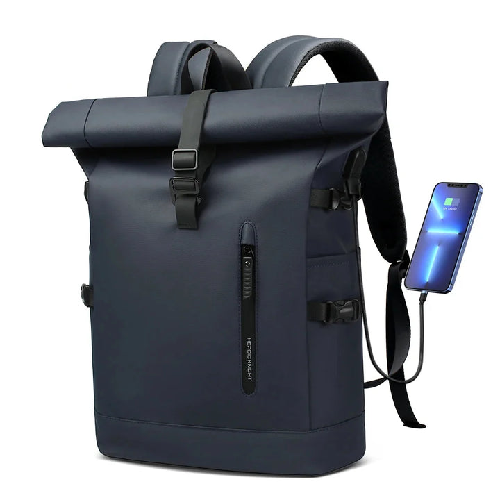 Zaino uomo business roll-top grigio. Design moderno, ideale per ufficio, università e pendolari.