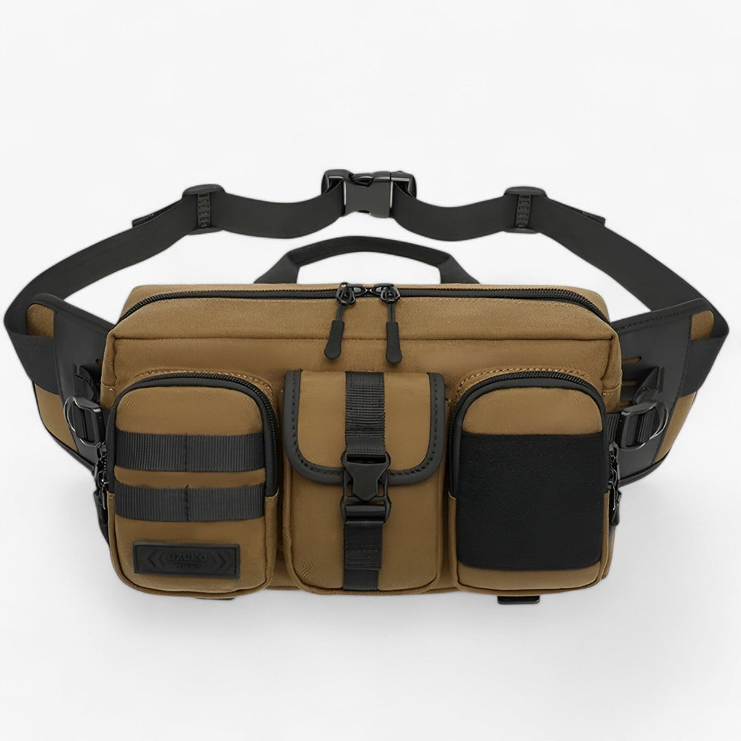 Marsupio multitasche unisex nero, pratico accessorio per viaggi e uso quotidiano.