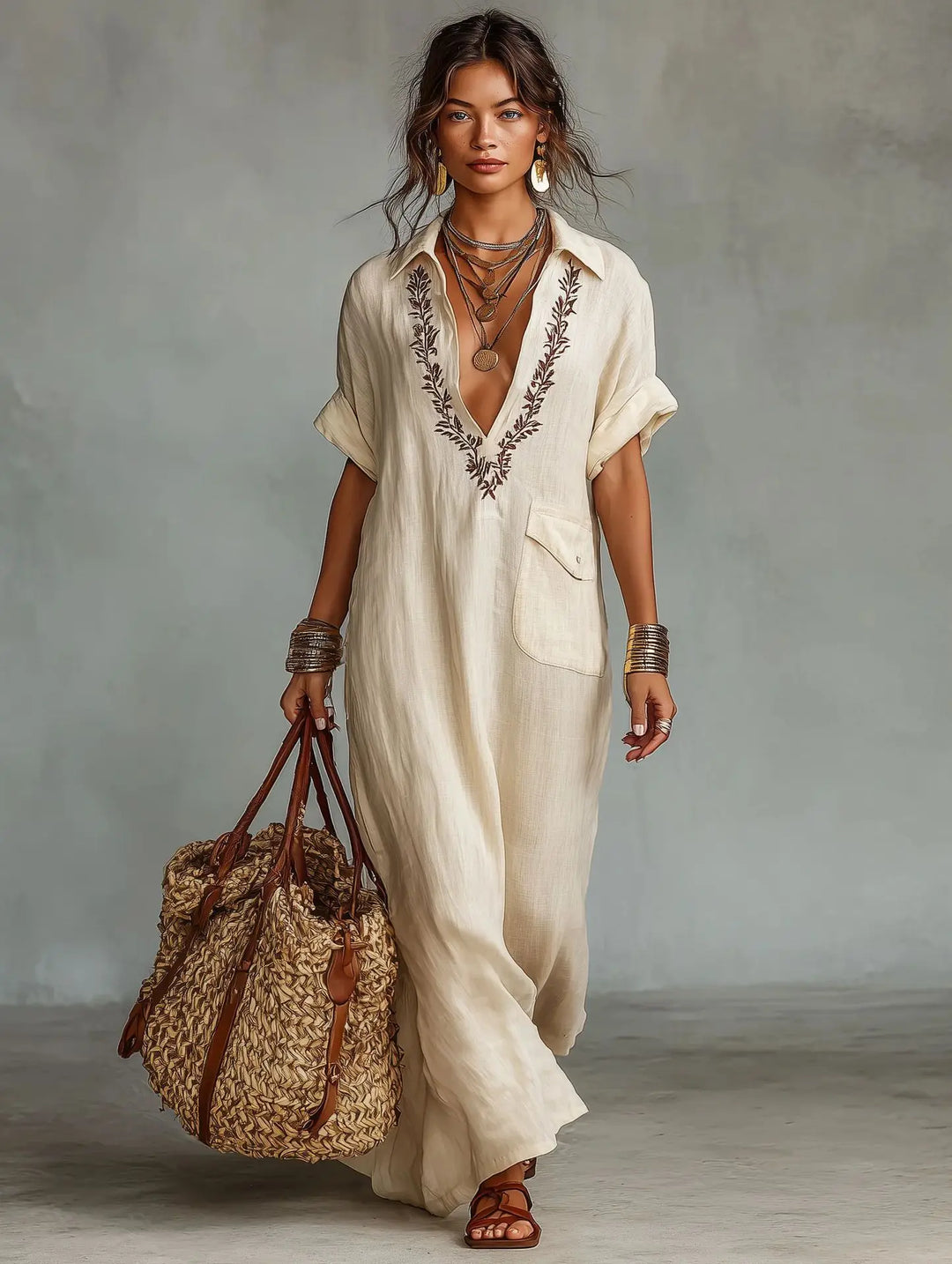 Vista laterale abito lungo donna boho estivo, mostra tessuto fluido, ricamo delicato e comode tasche.