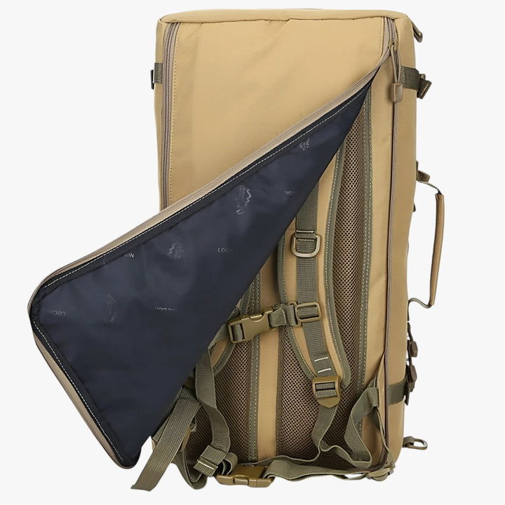 Zaino da trekking uomo 50L kaki con schienale ergonomico e spallacci imbottiti per comfort.