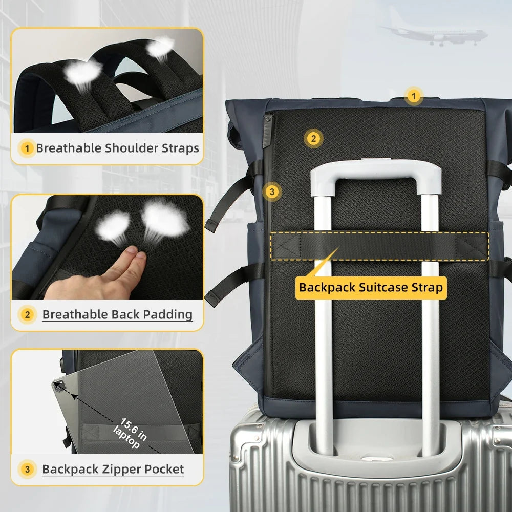 Schienale e spallacci ergonomici dello zaino business roll-top con porta USB per comfort e praticità.