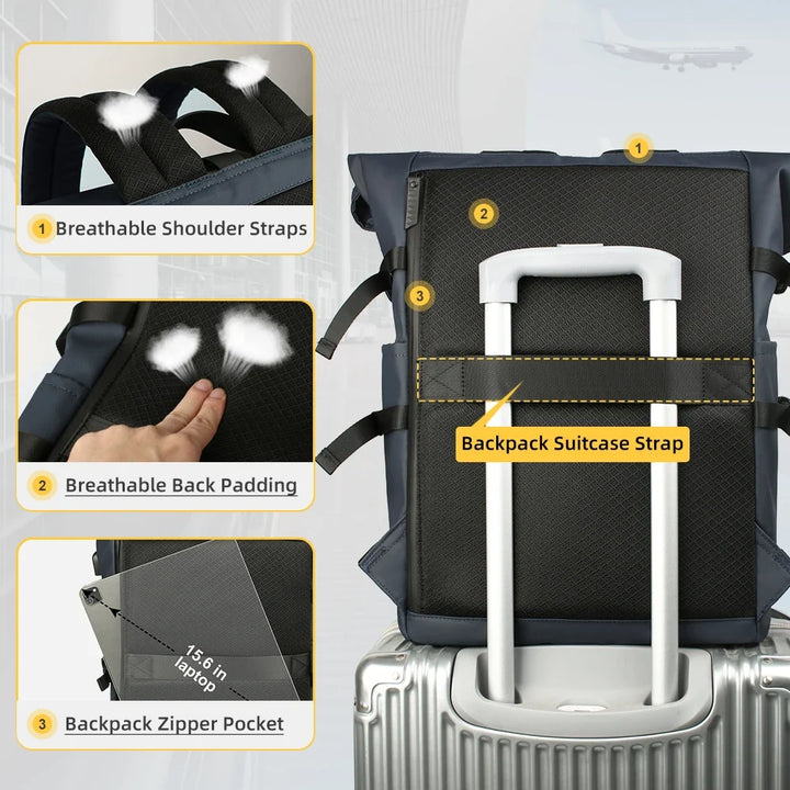 Schienale e spallacci ergonomici dello zaino business roll-top con porta USB per comfort e praticità.
