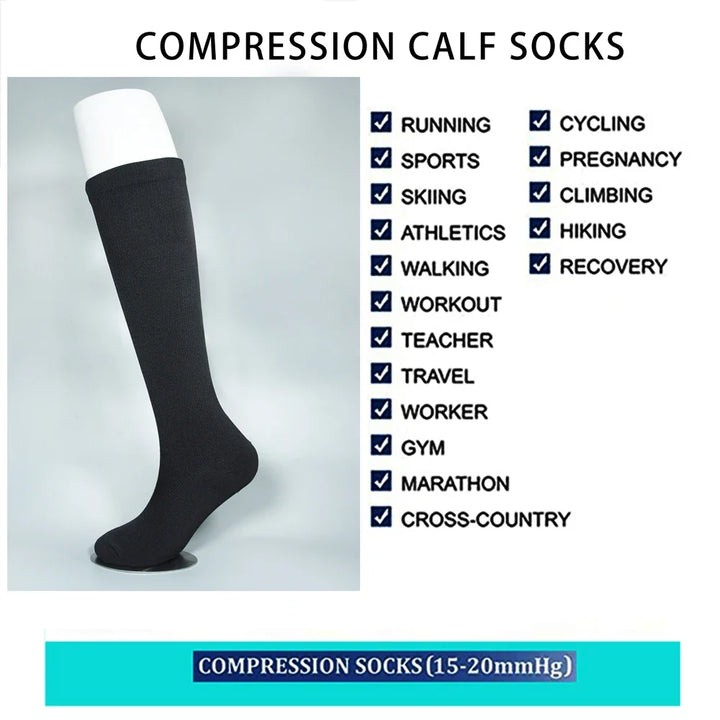 Calze compressive da viaggio unisex, prevengono gonfiore e affaticamento durante lunghi spostamenti.