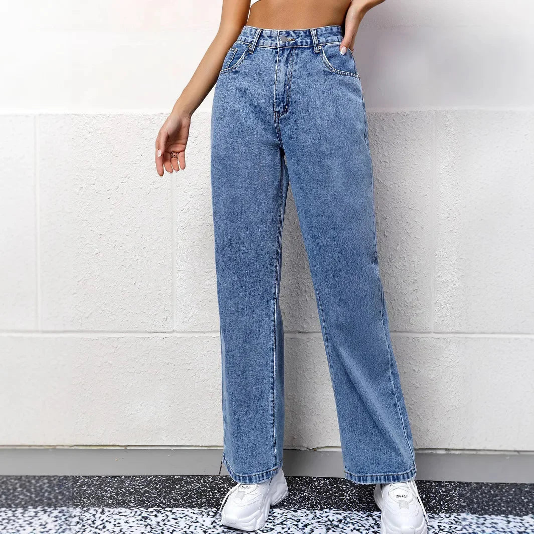 Jeans donna casual mom fit, blu scuro a vita alta, ideali per un look alla moda e un comfort superiore.