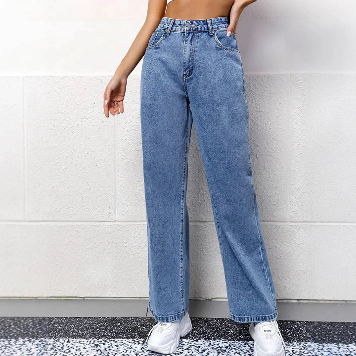 Jeans donna casual mom fit, blu scuro a vita alta, ideali per un look alla moda e un comfort superiore.