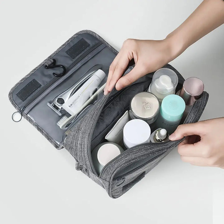 Pratico beauty case pieghevole da viaggio, unisex, con gancio per cosmetici e accessori.