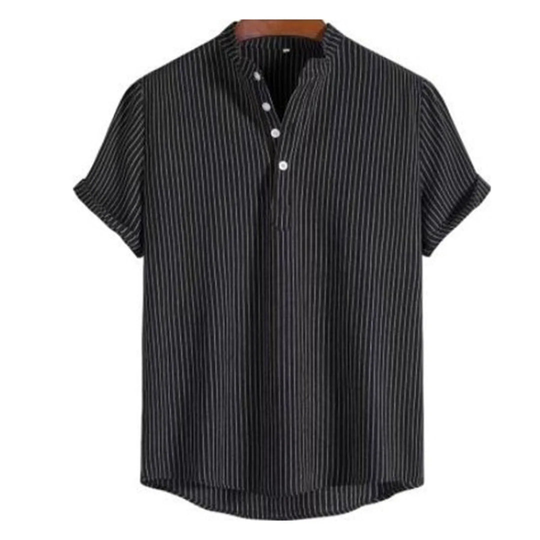 Camicia uomo a righe, maniche corte, colletto coreana, stile fresco e rilassato.