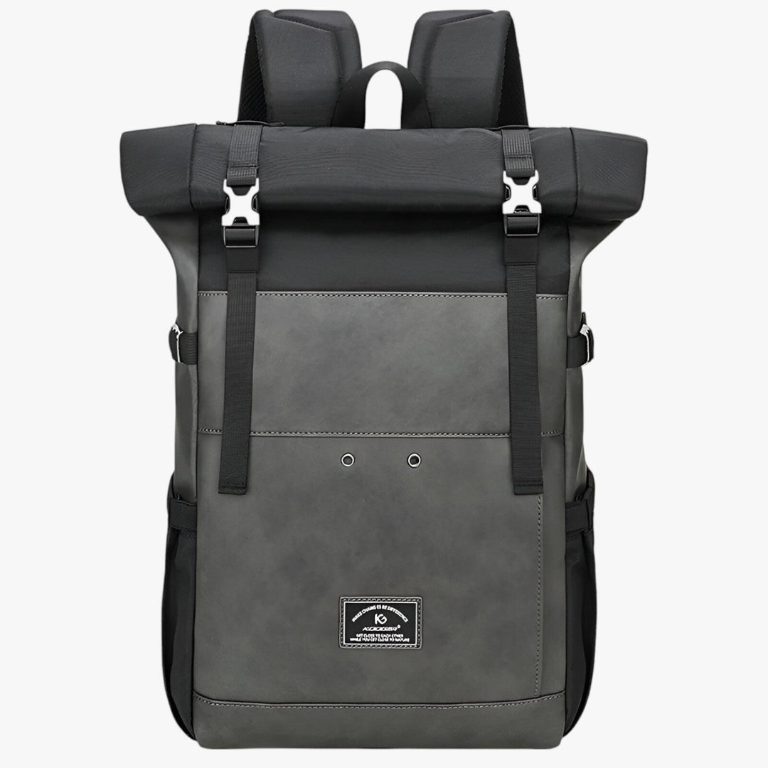 Zaino uomo grigio e blu con scomparti multipli, design moderno per viaggi e adventure.