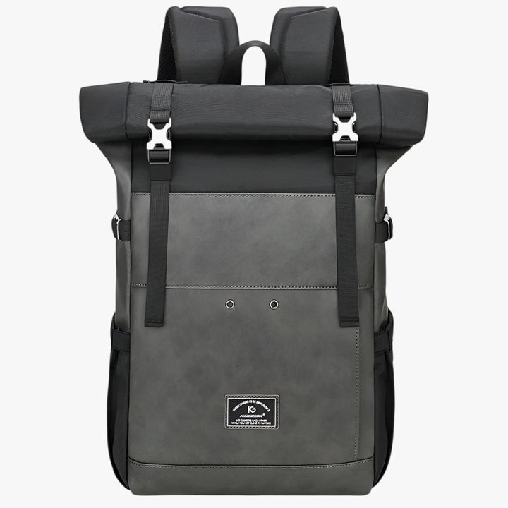 Zaino uomo grigio e blu con scomparti multipli, design moderno per viaggi e adventure.