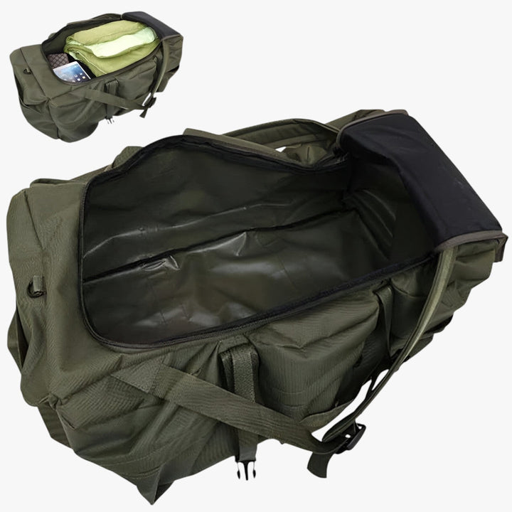 Borsone viaggio unisex resistente per avventure. Materiale durevole, ampio spazio 100L, design pratico.