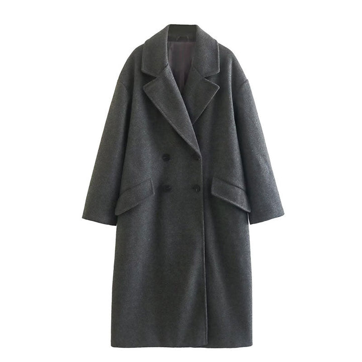 Cappotto lungo doppiopetto da donna, abbigliamento femminile per stile e calore.