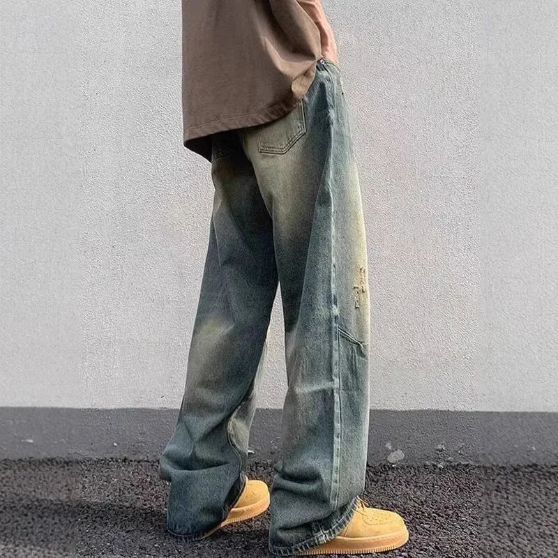 Jeans da uomo larghi stile streetwear autentico, ideali per look casual e alla moda. Comodi, gamba ampia.
