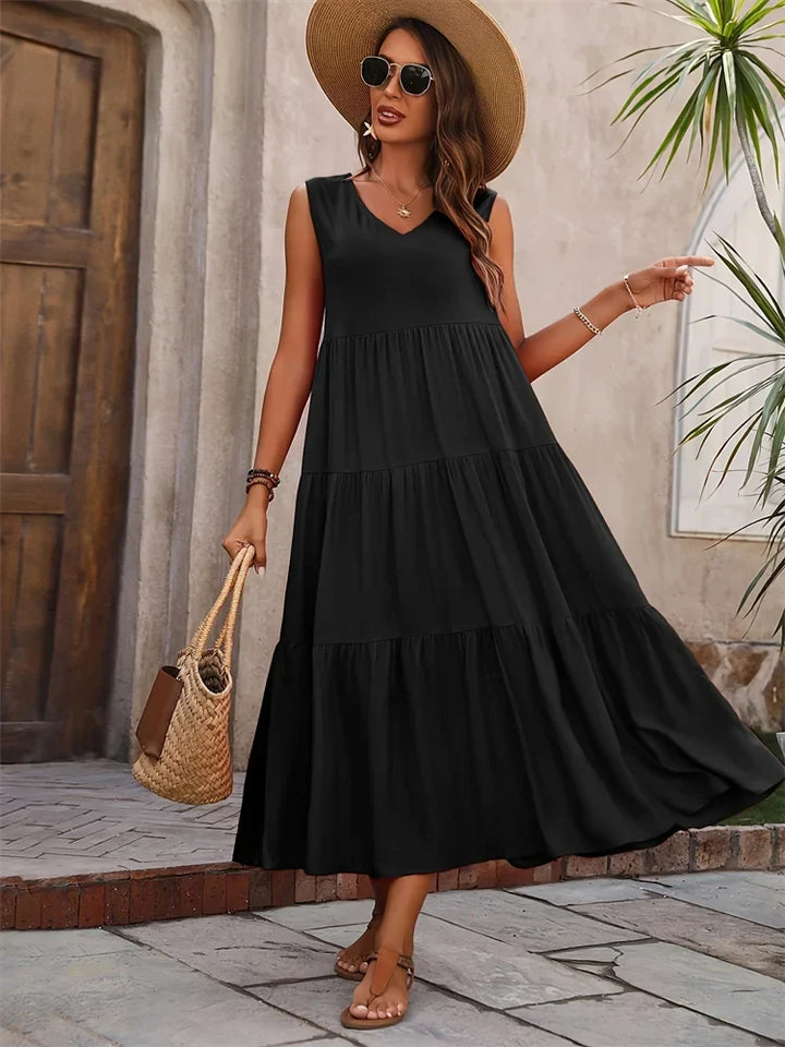 Abito lungo donna senza maniche, stile casual estivo con balze e scollo a V. Per la moda quotidiana.