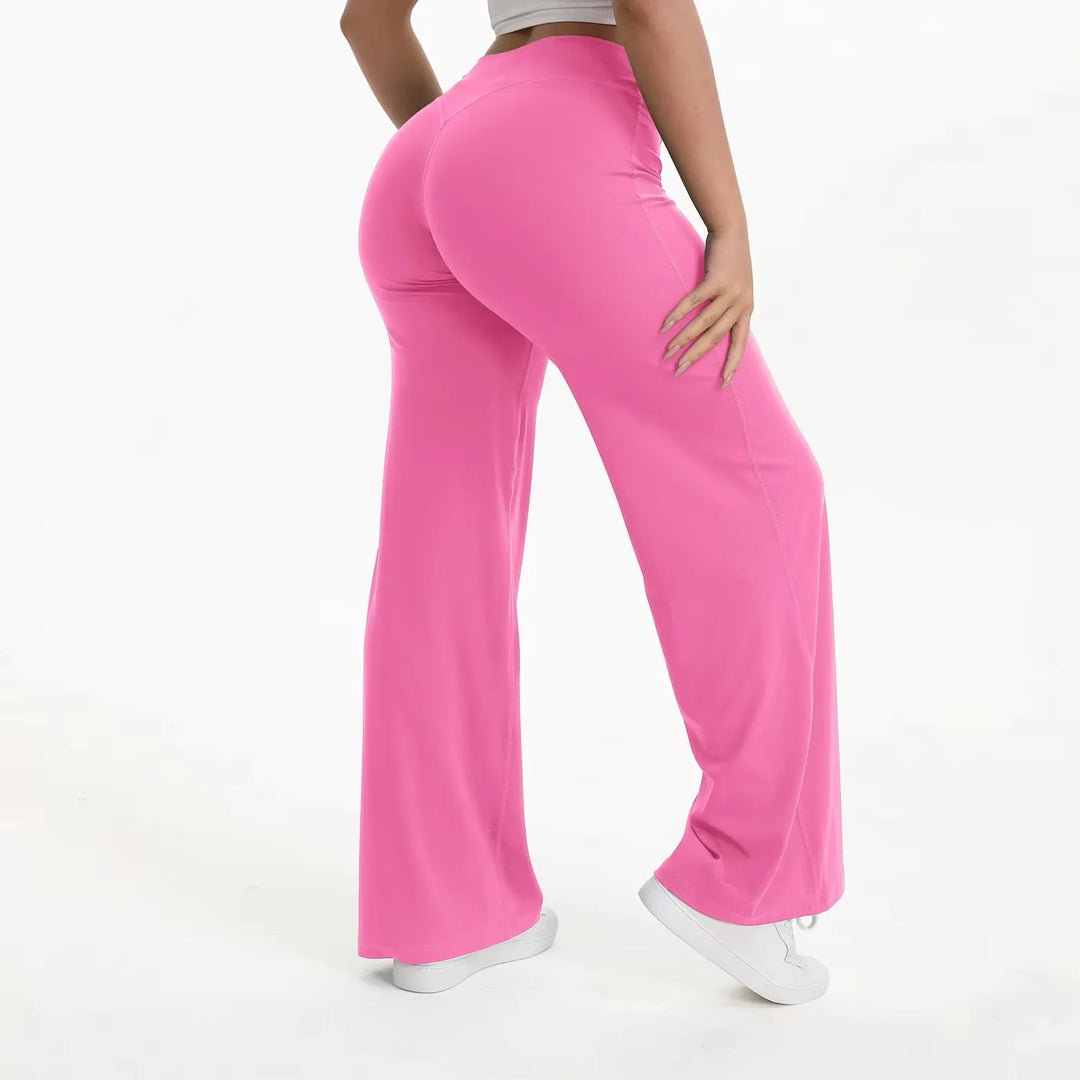 Pantaloni casual donna elasticizzati, vita alta, gamba ampia, perfetti per yoga e momenti di relax.