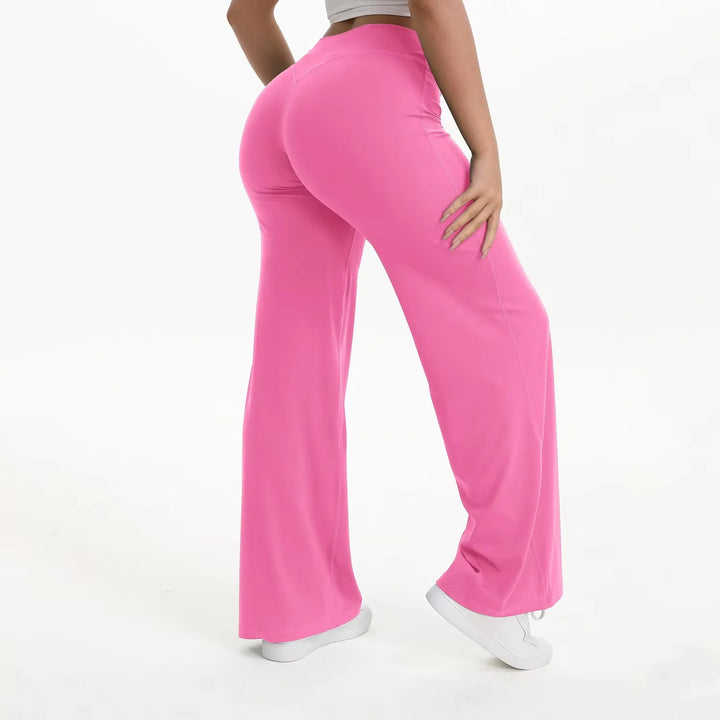 Pantaloni casual donna elasticizzati, vita alta, gamba ampia, perfetti per yoga e momenti di relax.