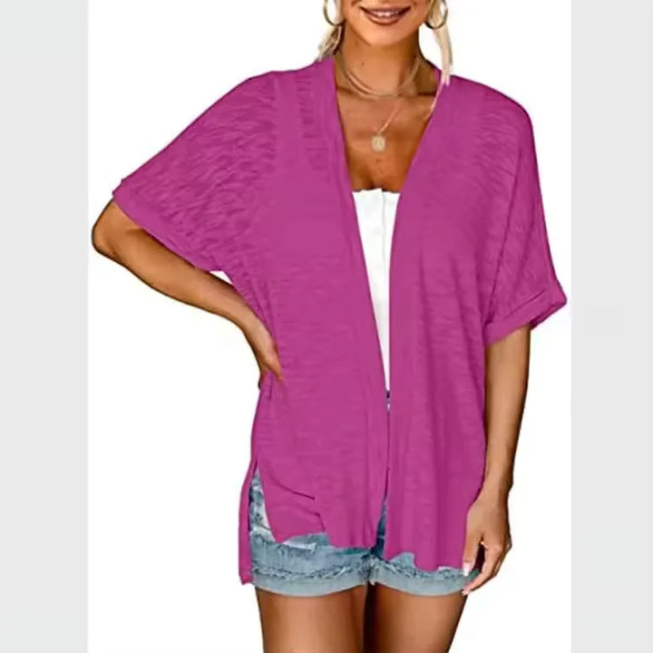 Top cardigan donna a manica corta, vestibilità comoda per primavera estate.