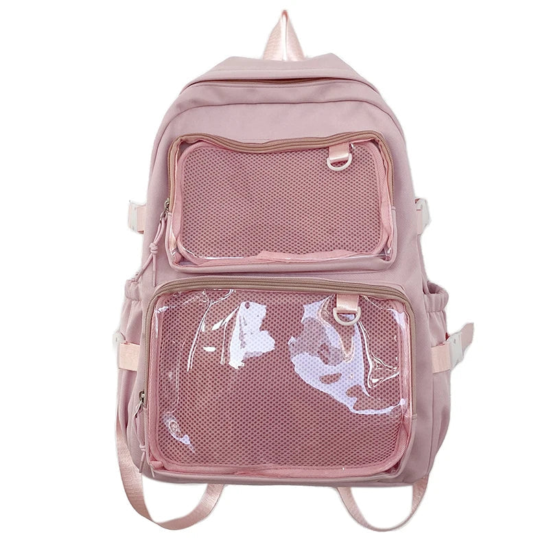 Zaino scuola ragazza Ita Bag robusto con tasche trasparenti per gadget, ideale per uso quotidiano.