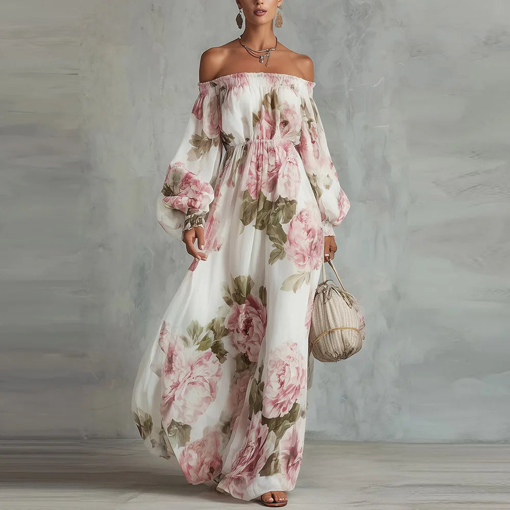 Abito maxi donna floreale con spalle scoperte, perfetto per un'eleganza estiva romantica e casual chic.