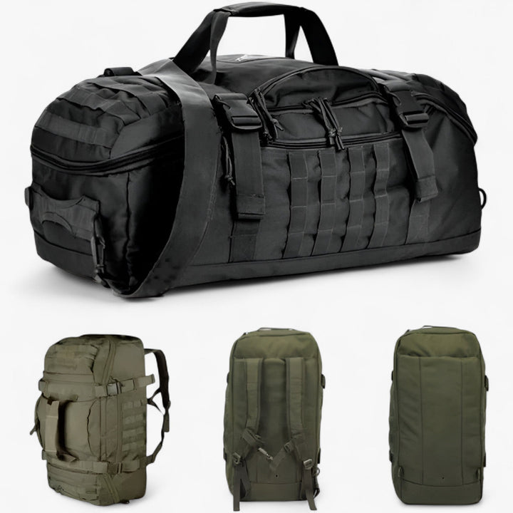 Elegante borsone viaggio uomo in tela, con tracolla regolabile e ampie tasche laterali; perfetto per bagaglio a mano.
