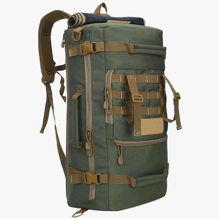 Zaino da trekking uomo 50L kaki, perfetto per il trasporto comodo di equipaggiamento essenziale.