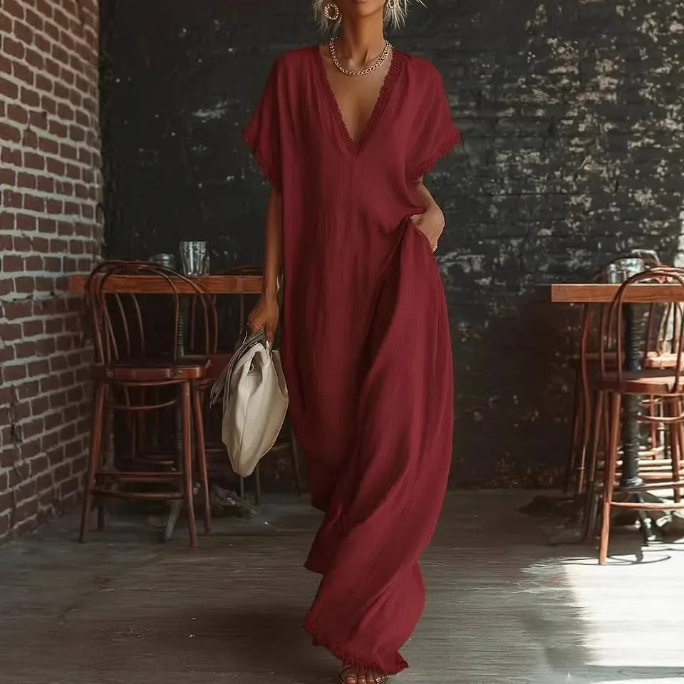 Vestito lungo donna casual chic, estivo, con scollo a V e pizzo, versatile e alla moda.