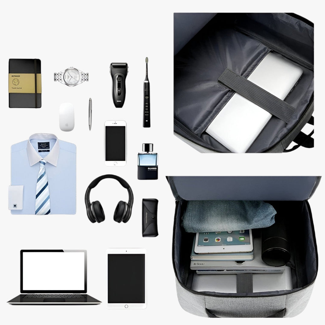 Zaino multiuso nero per laptop 15.6 pollici, con porta USB, resistente e organizzato per professionisti.