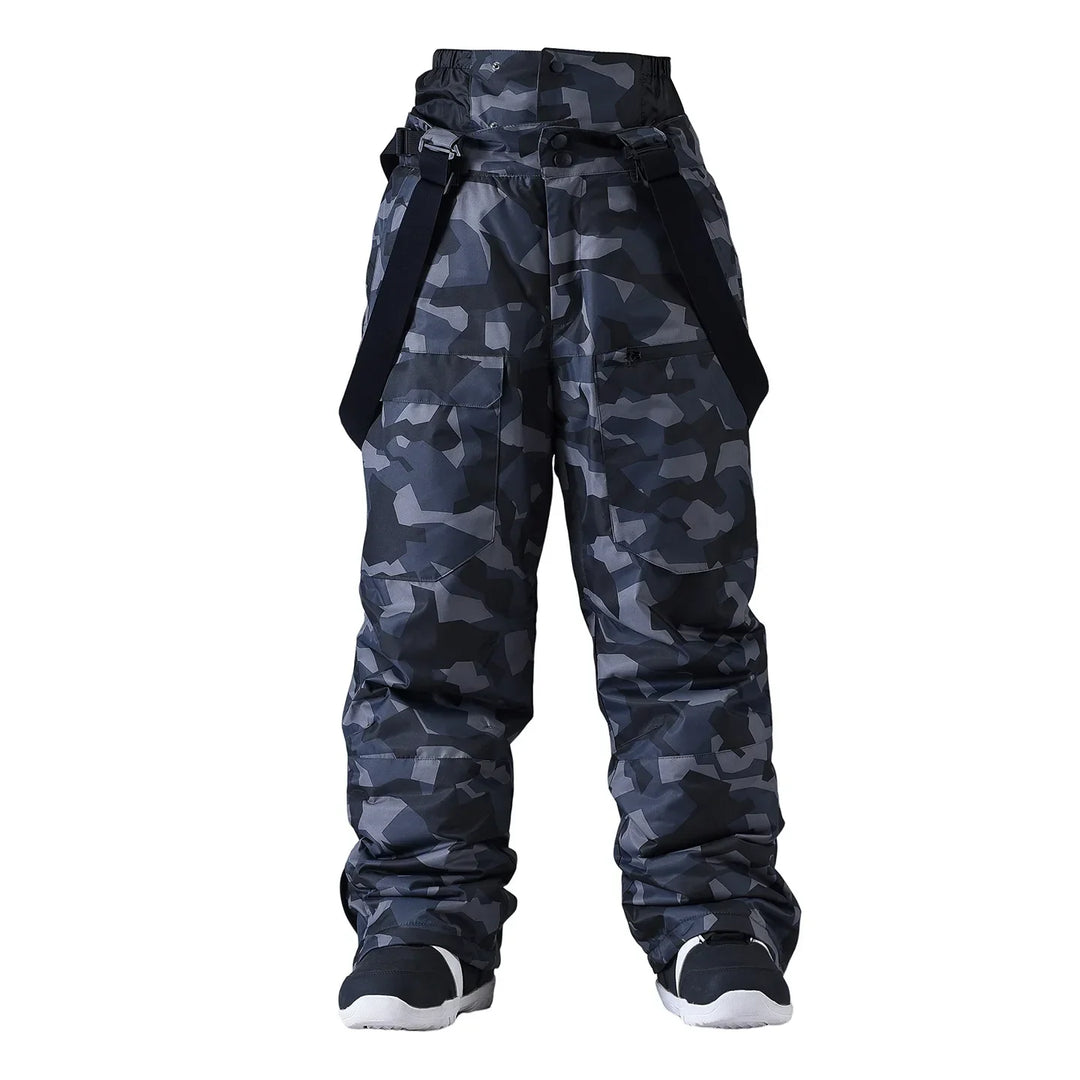 Robusti pantaloni sci/snowboard unisex con bretelle, impermeabili e antivento per la montagna.