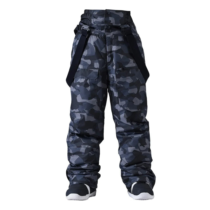 Robusti pantaloni sci/snowboard unisex con bretelle, impermeabili e antivento per la montagna.