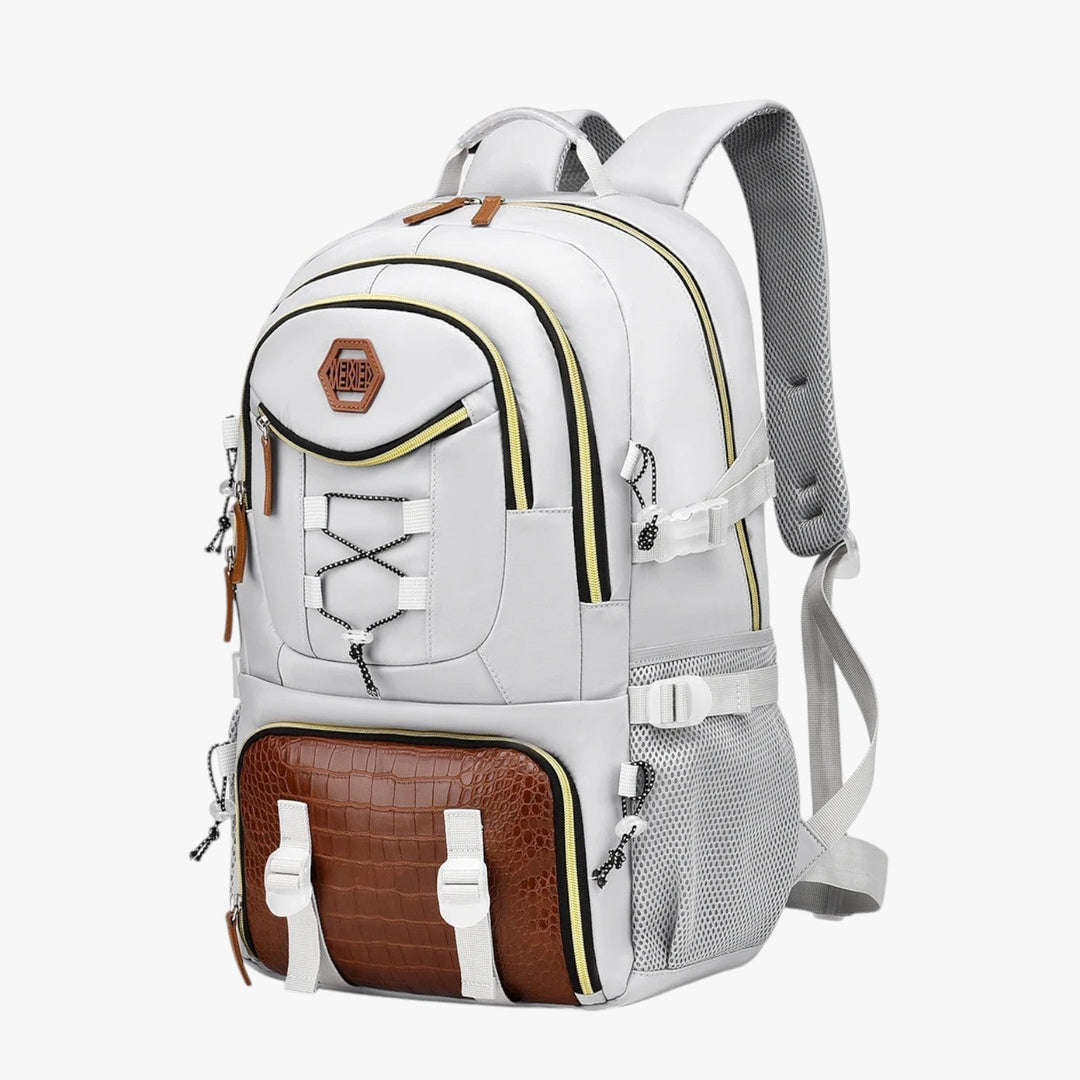 Zaino bianco porta laptop antifurto per uomo, resistente e sicuro, ottimo per adulti in viaggio e lavoro.