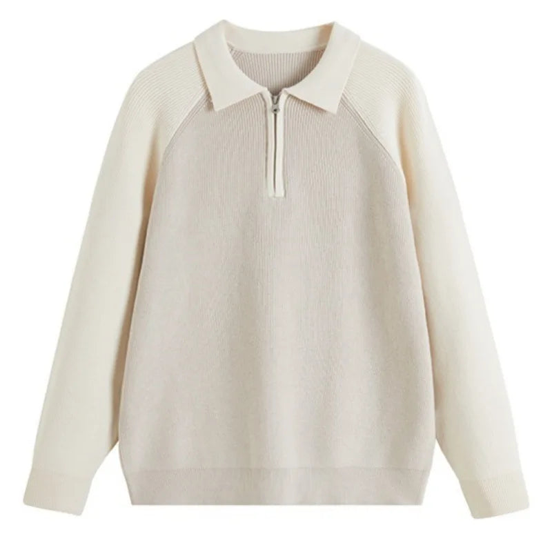 Maglione uomo beige, mezza zip, collo polo, maniche raglan. Abbigliamento elegante e comodo.