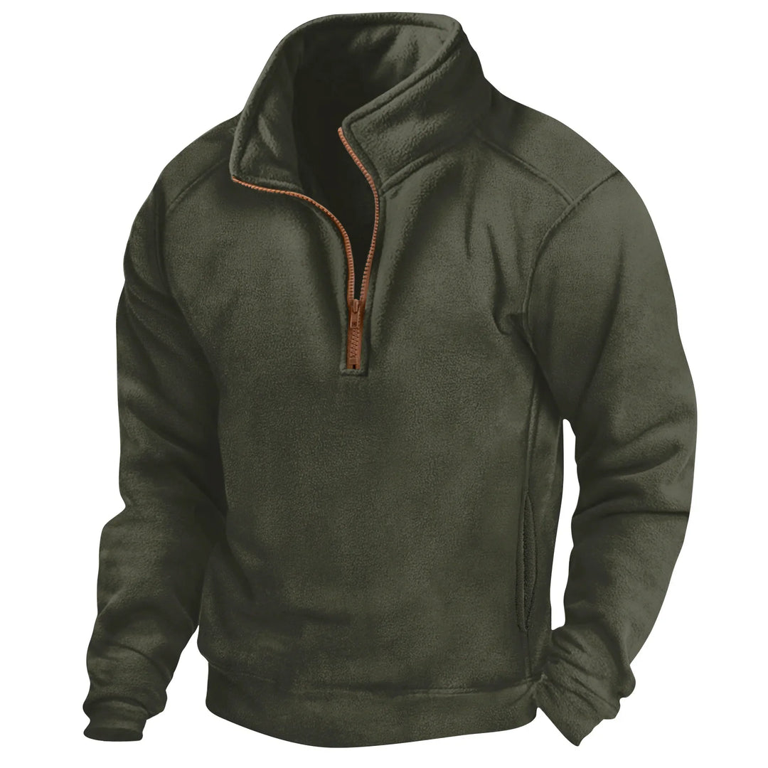 Pullover sportivo uomo in pile, collo alto con mezza zip, maniche lunghe, abbigliamento outdoor casual autunnale.