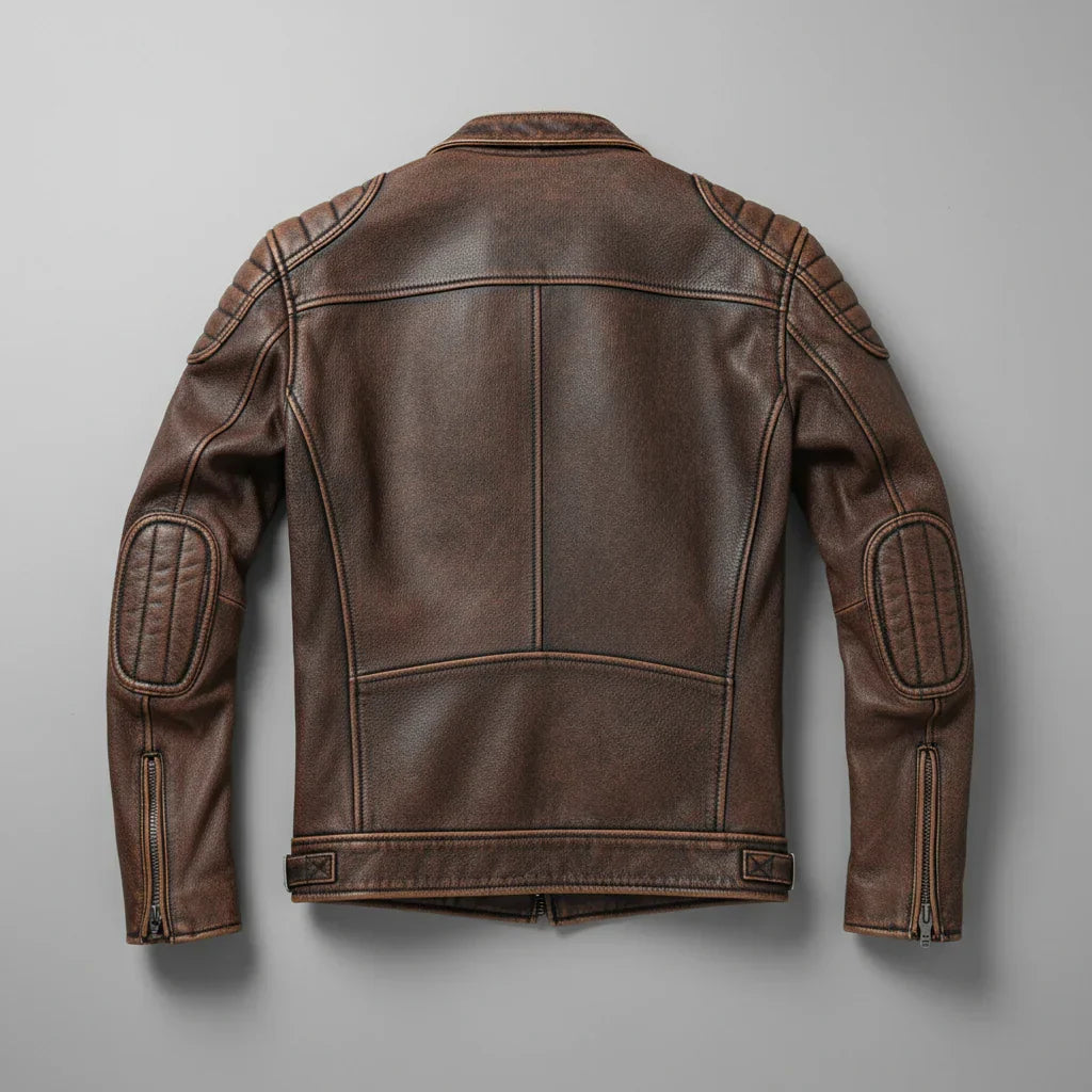 Versatile giacca uomo moto in pelle rinforzata. Stile biker con dettagli zip, perfetta per ogni outfit.