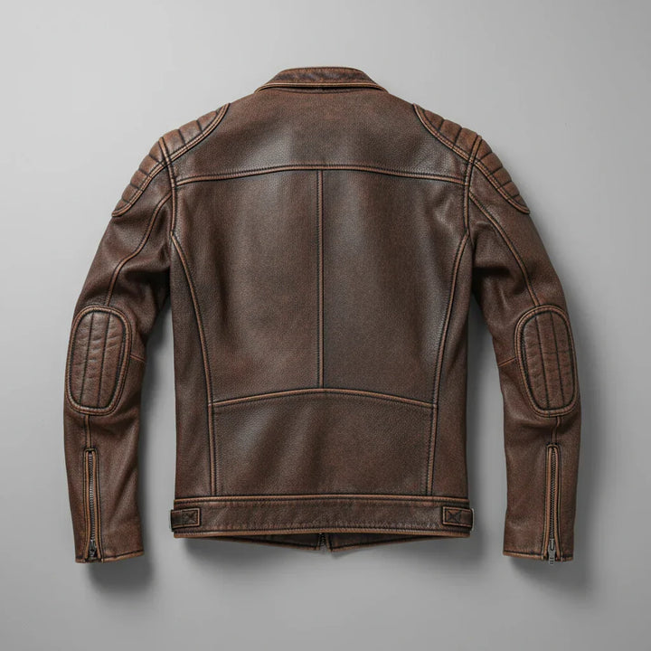 Versatile giacca uomo moto in pelle rinforzata. Stile biker con dettagli zip, perfetta per ogni outfit.