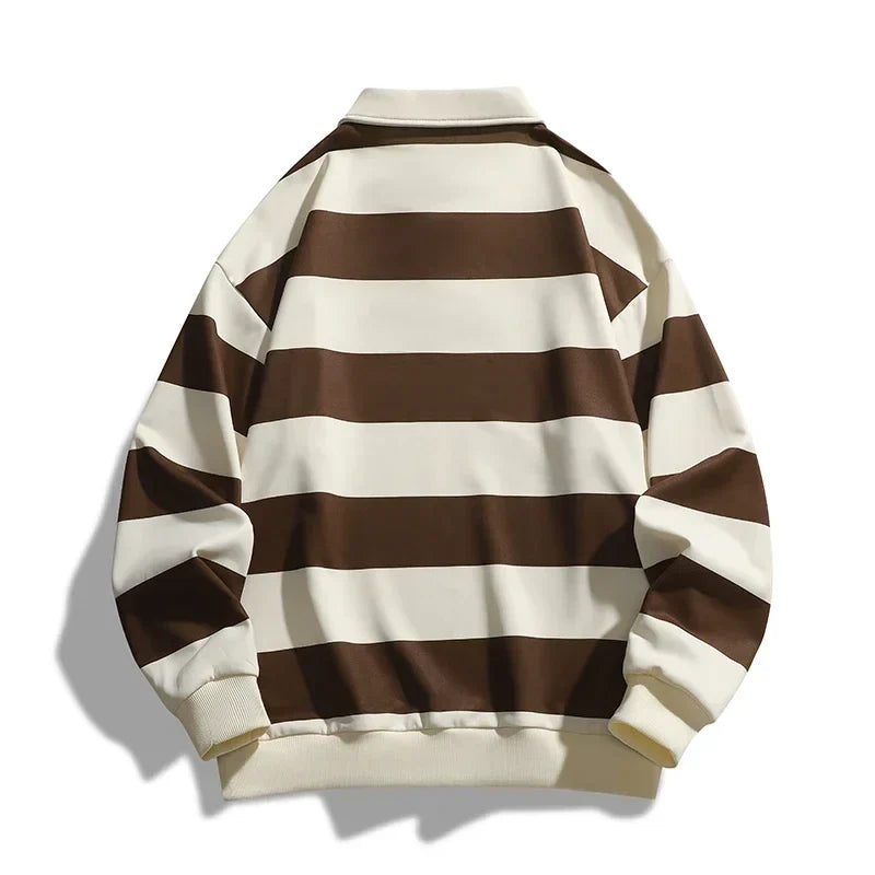Polo casual uomo in cotone con righe, maniche lunghe, scelta ideale per un outfit quotidiano di stile.