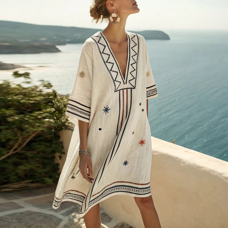 Abito tunica da spiaggia donna ricamato stile bohémien con scollo a V, ideale per estate e vacanze.